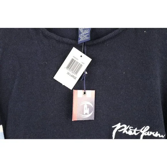 NOS Vintage Phat Farm Mens 3XL Striped Spell Out Script Marled Knit Sweater Navy